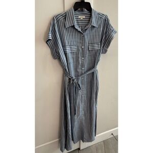 Max Studio Blue White Striped Midi Shirt Dress Tie Waist oversized Womens Large
